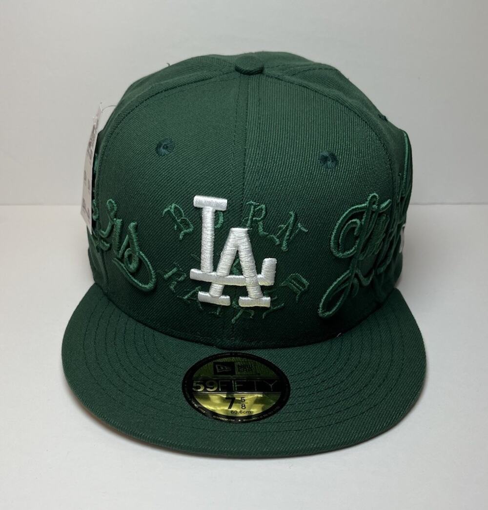 New Era 59FIFTY LA Dodgers Script Stitched Fitted Hat Size 7 5/8 Green Grey U